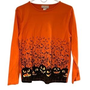 🎃 Women’s Halloween Long Sleeve Jack-O-Lanterns and Bats Tee Size M